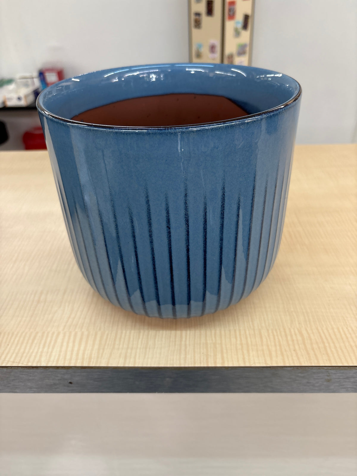 Blue Ceramic Planter with Lines