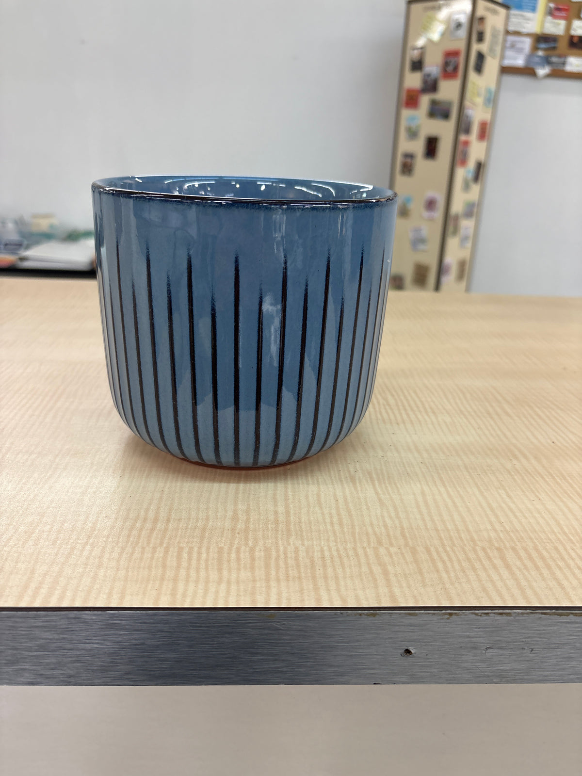 Blue Ceramic Planter with Lines
